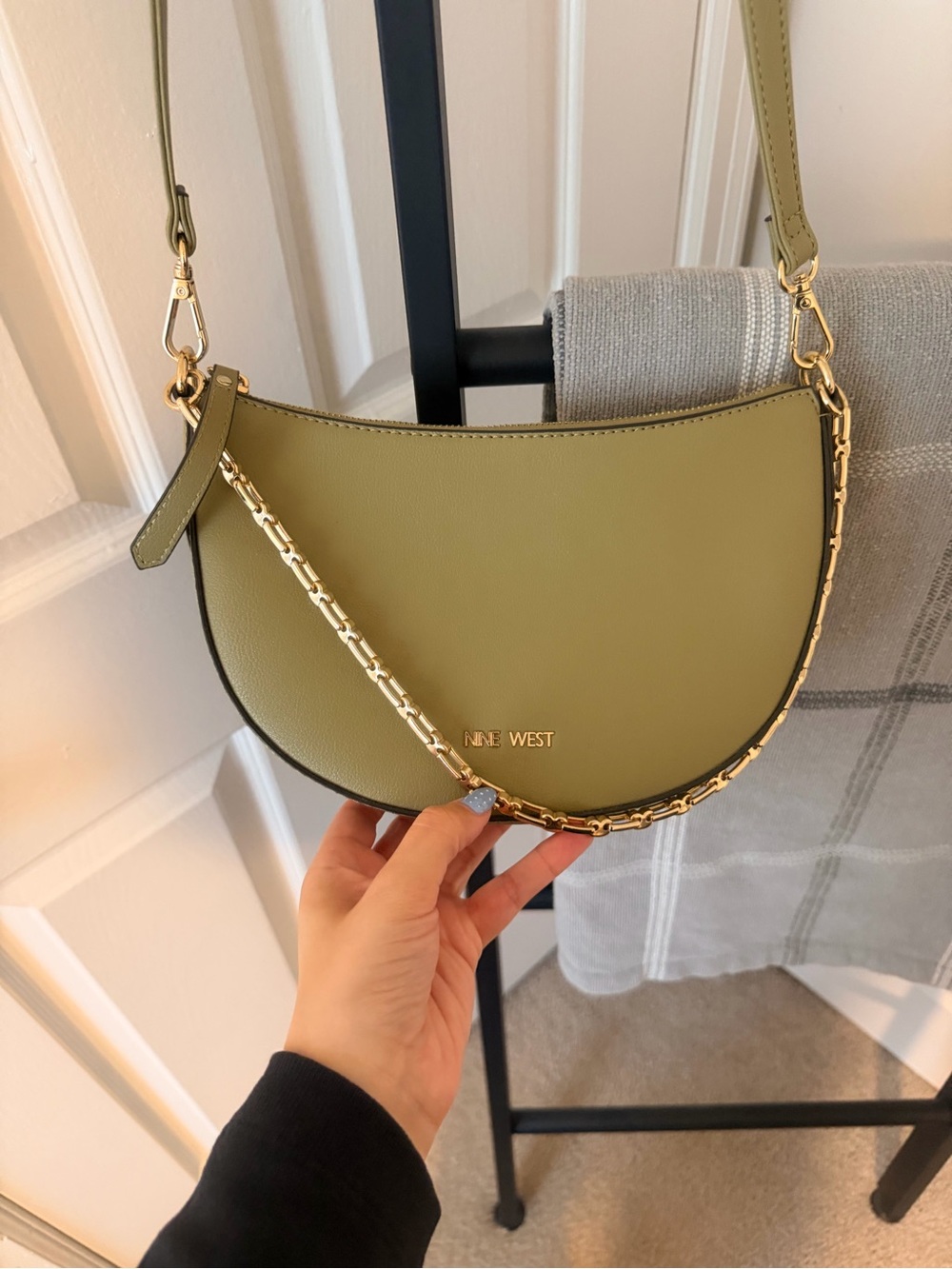Nine West Olive Green Crescent Crossbody with Gold Chain